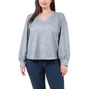 Fever Ladies Rib Knit Long Sleeve V-neck Top Grey - Size XL NWT